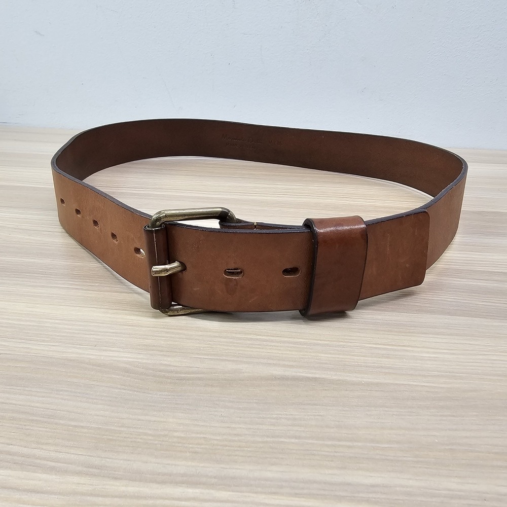Massimo Dutti Belt Medium 34 85 Cognac Leather Brass Buckle Old Money Luxe ITALY